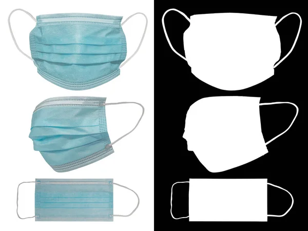 Medical protective mask with rubber ear straps. Typical 3-ply surgical mask to cover the mouth and nose. Concept of Protection against coronavirus covid-19