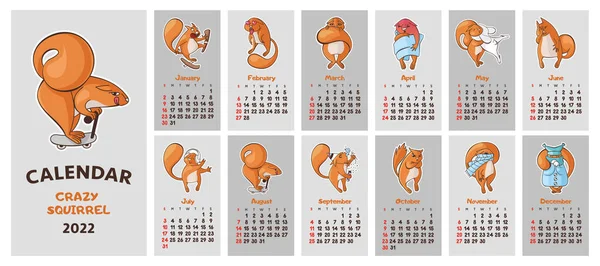 2022年疯狂松鼠的挂历 12只卡通松鼠周开始于周日 — 图库矢量图片