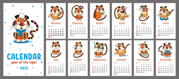Настенный Календарь 2022 Год Год Тигра Мультяшных Тигров Неделя Начинается — стоковый вектор