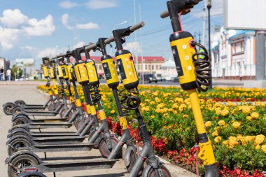 Tomsk, Rusya - 20 Temmuz 2021 - Tomsk şehrinde çiçekler arasında elektrikli scooter kiralama. Ekolojik ulaşım, trafik sıkışıklığı, ulaşım altyapısı