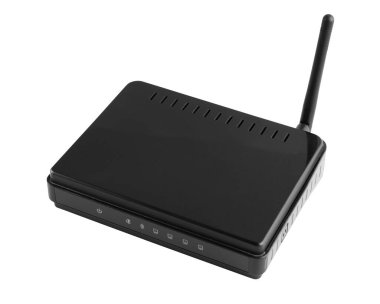Beyaz arka planda kablosuz yönlendirici. Kablosuz modem siyah. geniş bant wifi teknolojisi konsepti. Ayrı nesne