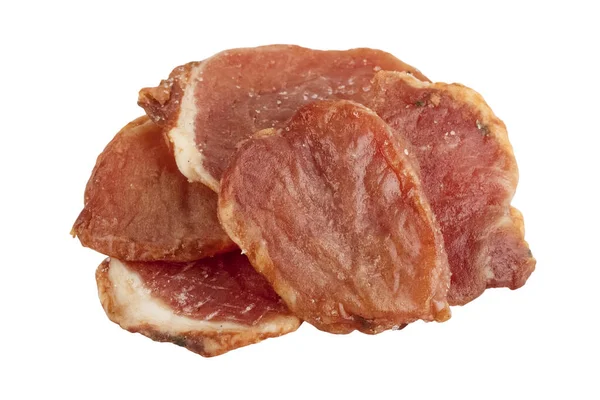Drier Stukjes Varkensvlees Een Witte Achtergrond Snijdt Gedroogd Vlees Geïsoleerd — Stockfoto