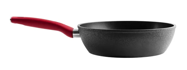 Black Frying Pan Red Handle White Background Side View Isolated — Stock Photo, Image