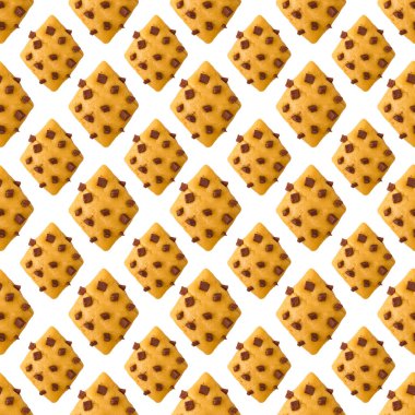 Beyaz arka planda siyah çikolata parçalı kurabiyeler. Giysi tasarımı ya da kağıt ambalajı için kusursuz desen