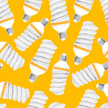 Sarı arka planda beyaz ampuller. Yazılı tekstil, giysi veya kağıt ambalajı için pürüzsüz desen