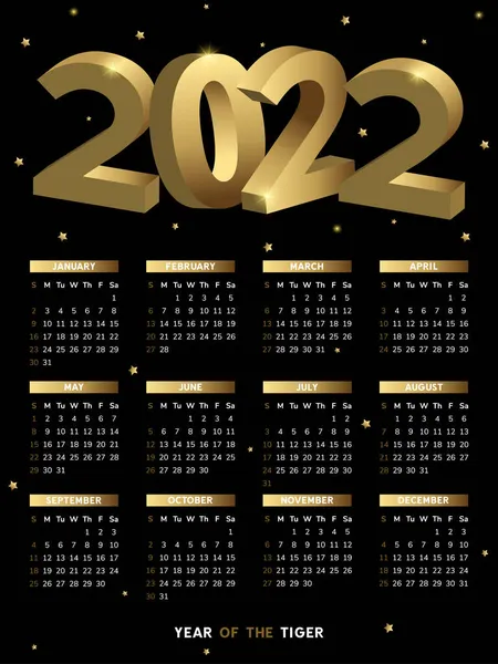 2022年的挂历 黑色背景上的金色数字矢量 — 图库矢量图片