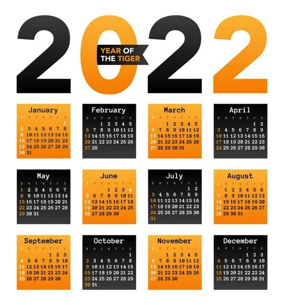 Calendario Para 2022 Año Del Tigre Tonos Negro Naranja Ilustración — Vector de stock