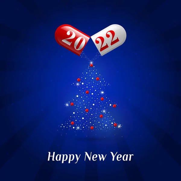 胶囊2022和圣诞树与红色玩具蓝色背景 祝您新年快乐 圣诞快乐 — 图库矢量图片