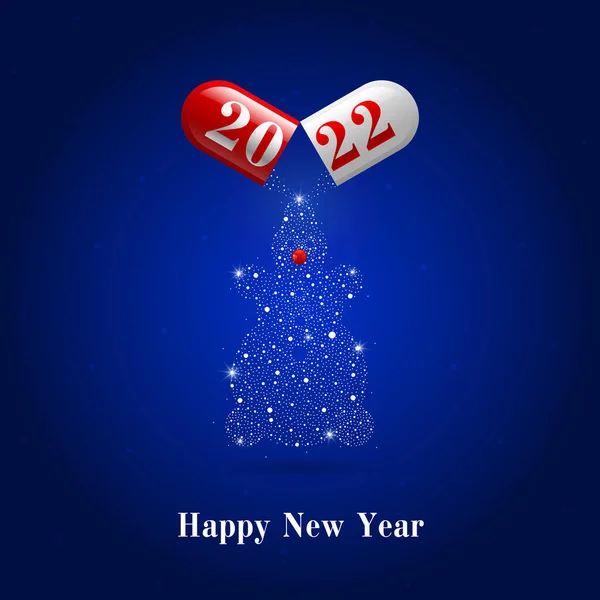 青い背景に雪だるまの形をした2022年のカプセルと粉末 バナーのコンセプト新年明けましておめでとうございます ベクトルイラスト — ストックベクタ