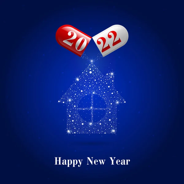 青い背景に妖精の家の形で2022年のカプセルと粉末 バナーのコンセプト新年明けましておめでとうございます ベクトルイラスト — ストックベクタ