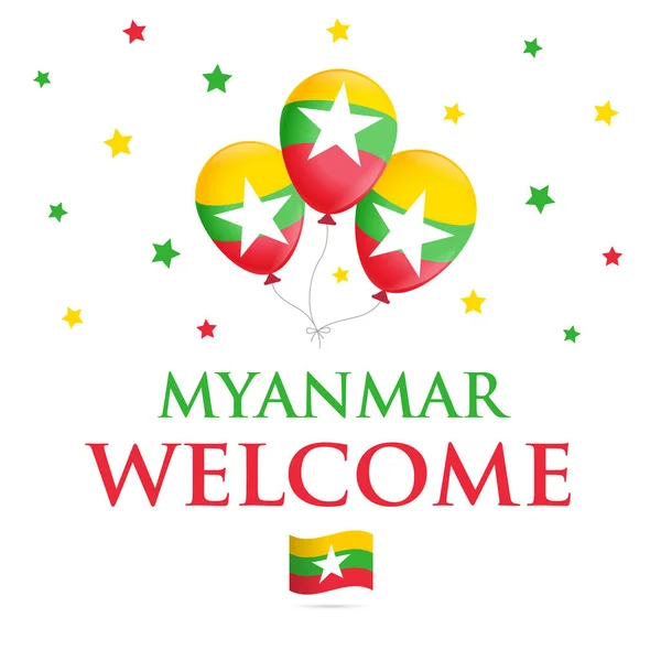 Ballons Avec Drapeau Texte Bienvenue Myanmar Concept Bannière Invitation Avec — Image vectorielle