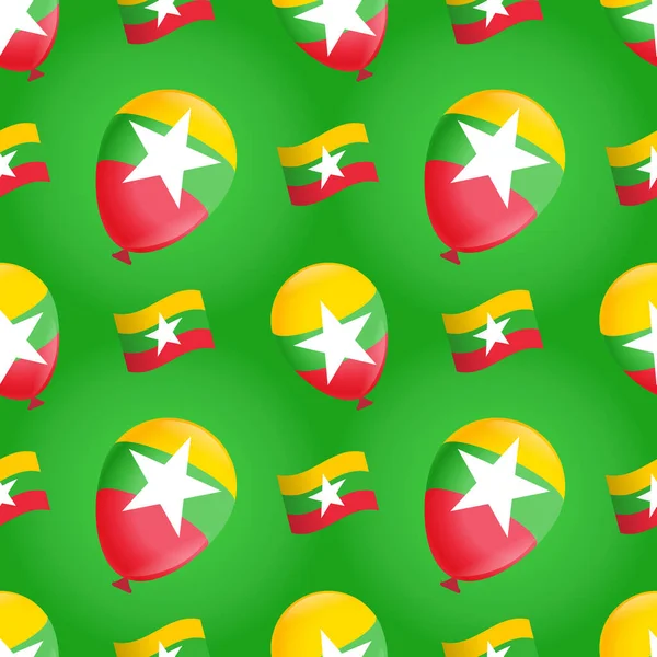 Balloons Flag Myanmar Green Background Seamless Pattern Printing Vector Illustration — Stockvektor