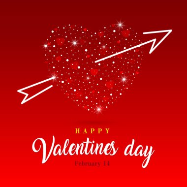 Küçük parçalardan oluşan soyut kalp ve kırmızı zemin üzerinde beyaz bir ok. Aşk konsepti. Kare pankart, Sevgililer Günü