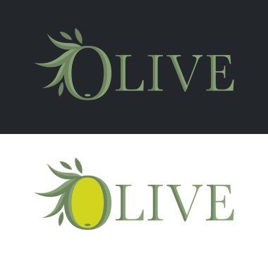 Zeytin yağı etiketi için iki seçenek var. Soyut harf O zeytin şeklinde.