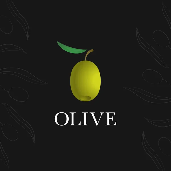 Oliva madura con una hoja sobre un fondo oscuro. Concepto de logotipo para la producción de conservas y aceite de oliva — Archivo Imágenes Vectoriales