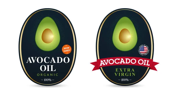 Set of emblems and labels for avocado oil packaging. Ripe avocado with pit. Non-GMO avocado oil production concept — Stock Vector