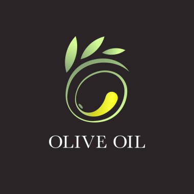 Soyut zeytin logosu ve koyu bir arkaplanda yapraklar. Zeytin yağı üretimi için logo konsepti. İlk baskı yağı