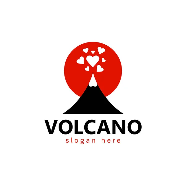 Signo o símbolo de un volcán negro con corazones en erupción contra un sol rojo — Archivo Imágenes Vectoriales