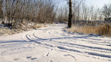 Snow covered country road with tire tracks in the snow on a sunny winter day.