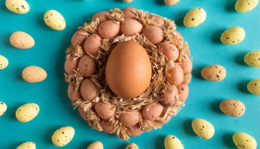 Mavi arka planda bıldırcın yumurtası. Üst görünüm. 