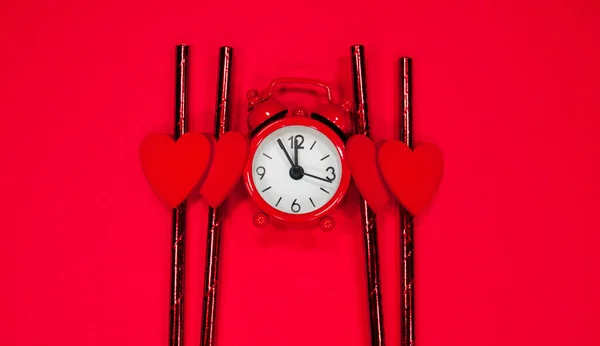 Red Clock Hearts Time Love — ストック写真