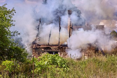23 Temmuz 2021, Letonya, Dole Adası. Yangını söndürmek köydeki evi yok etti.