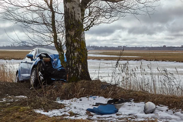 25 Ocak 2022, Riga, Letonya: yolda bir kaza yerinde ağaca çarpmış.