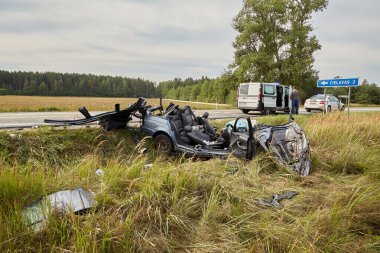 August 8, 2021, Laci, road A9, Latvia: Car accident on a road, car and bus collision, transportation background