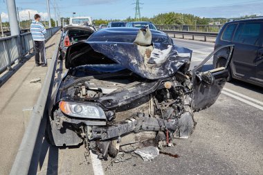 August 22, 2021, Riga, Latvia: car after accident on a road because of collision, transportation background