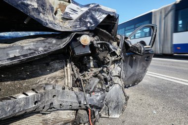 August 22, 2021, Riga, Latvia: car after accident on a road because of collision, transportation background