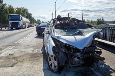 August 22, 2021, Riga, Latvia: car after accident on a road because of collision, transportation background