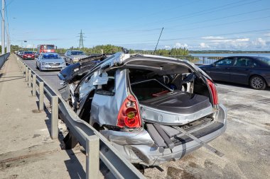 August 22, 2021, Riga, Latvia: car after accident on a road because of collision, transportation background