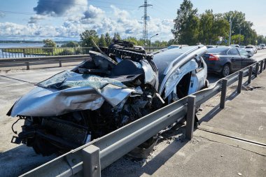 August 22, 2021, Riga, Latvia: car after accident on a road because of collision, transportation background