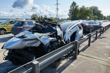August 22, 2021, Riga, Latvia: car after accident on a road because of collision, transportation background