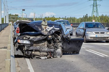 August 22, 2021, Riga, Latvia: car after accident on a road because of collision, transportation background