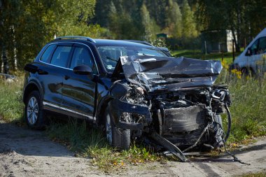 September 30, 2021, Riga, Latvia: car accident on a road, car after a collision with truck, transportation background