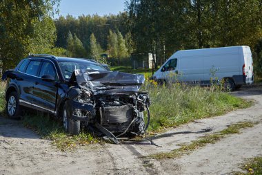 September 30, 2021, Riga, Latvia: car accident on a road, car after a collision with truck, transportation background