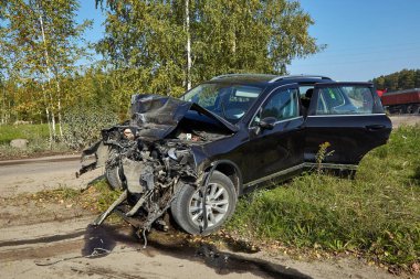 September 30, 2021, Riga, Latvia: car accident on a road, car after a collision with truck, transportation background