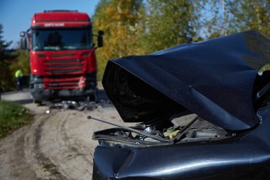 September 30, 2021, Riga, Latvia: car accident on a road, car after a collision with truck, transportation background
