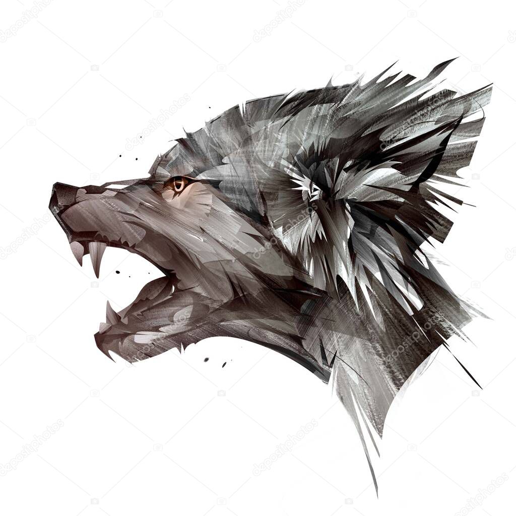 painted portrait of animal wolf on white background