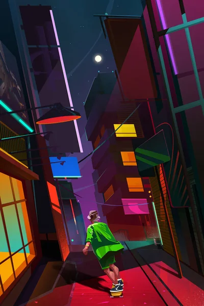 Окрашены яркие улицы города ночью с фигуристом — стоковое фото