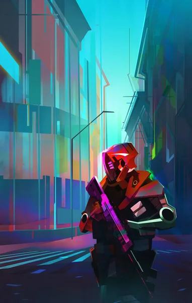 Drawn bright city with a soldier of the future in cyberpunk style Royalty Free Stock Images