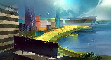 Öğleden sonra deniz kenarındaki renkli şehir karikatürü.