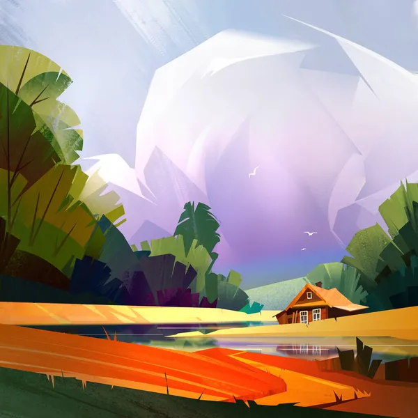 Нарисованный вручную яркий карикатурный дом на берегу реки с облаками Стоковое Фото