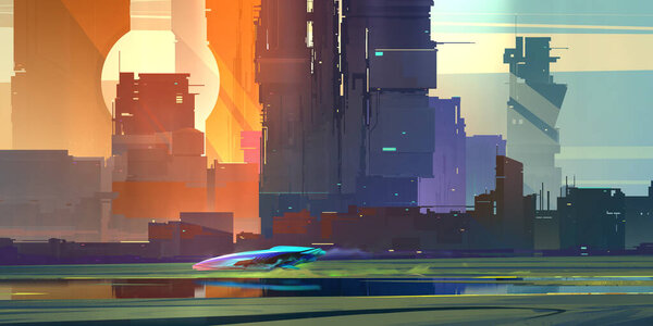 drawn bright city of the future at sunrise in cyberpunk style