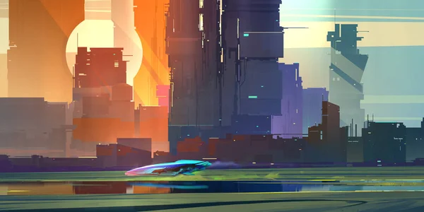 Dessiné ville lumineuse de l'avenir au lever du soleil dans le style cyberpunk Image En Vente