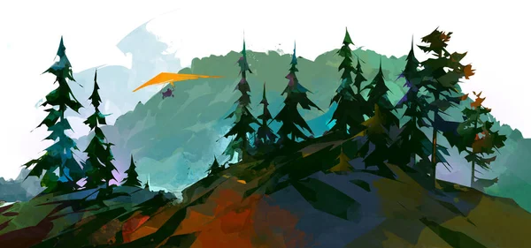 Paisaje de color pintado con montañas, abetos y ala delta Fotos de stock libres de derechos