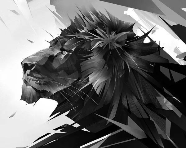 Retrato monocromo dibujado a mano de cara de león sobre fondo abstracto Imagen de archivo