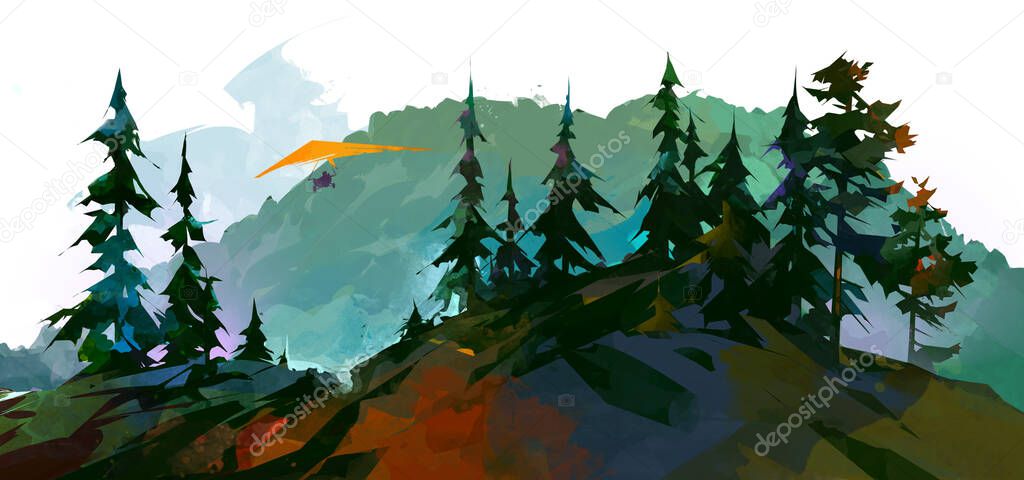 Painted color landscape with mountains, fir trees and hang glider