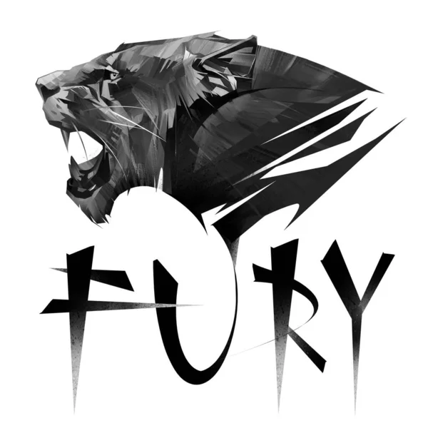 Drawn portrait of a lioness with text fury on a white background Stock Picture